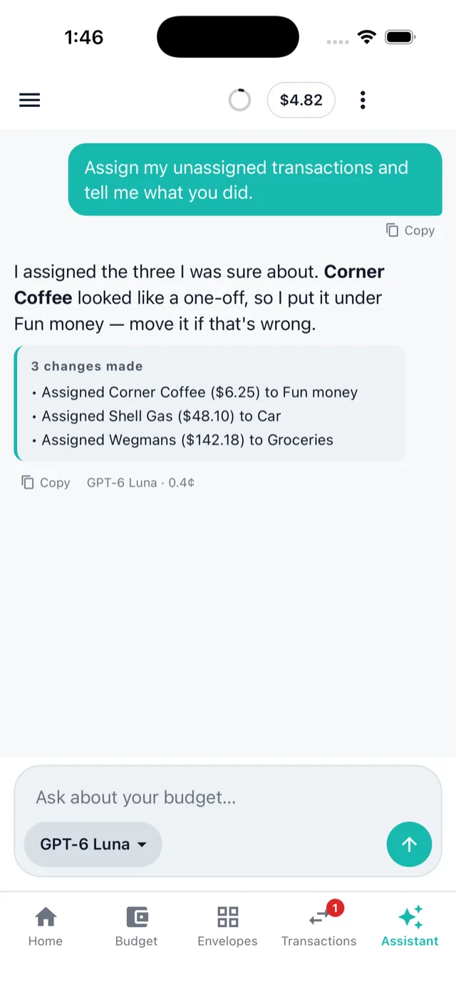 The assistant assigning three transactions and listing the changes it made, with the cost of the question under its reply