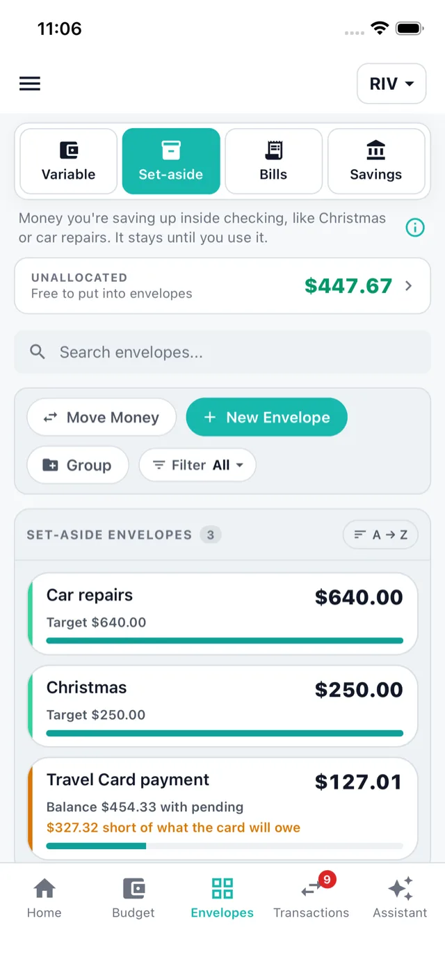 The Envelopes tab with Variable, Set-aside, Bills and Savings tabs and the Unallocated amount