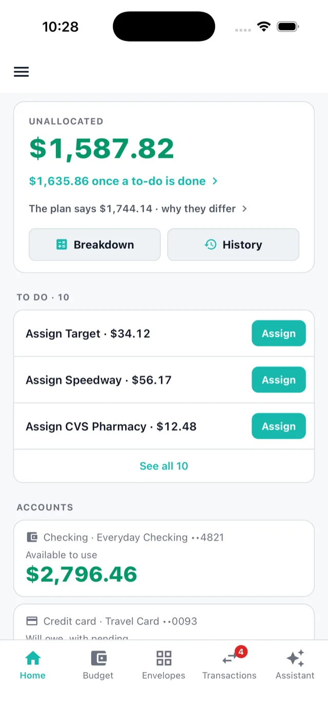 AppRevolt Budget's Home screen: Unallocated money at the top, a to-do list of charges to assign, and your accounts
