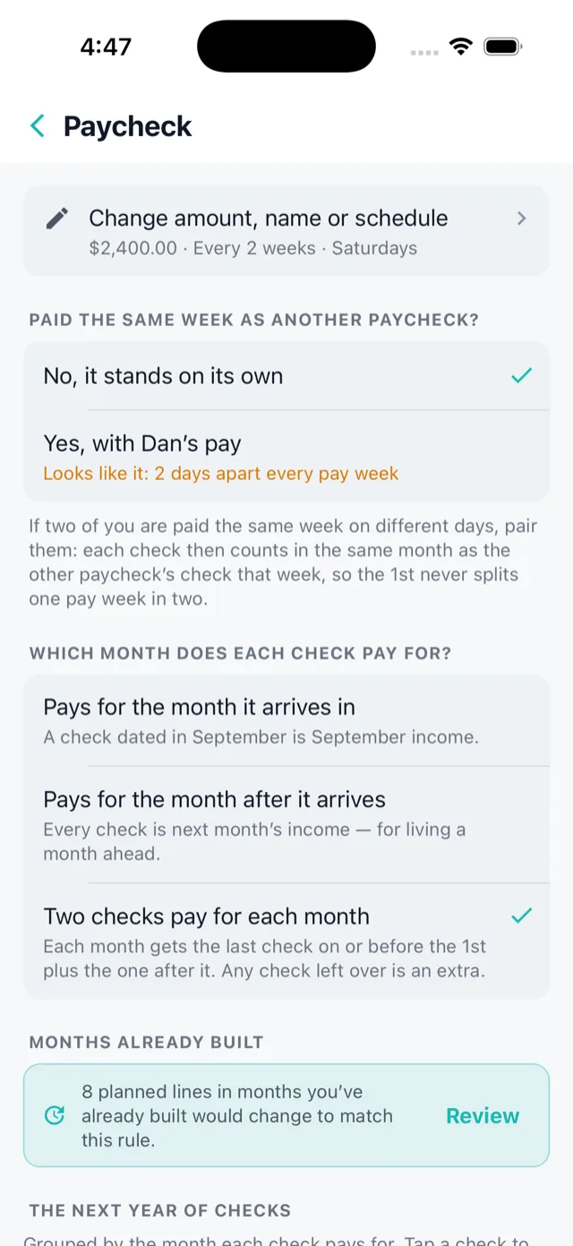A paycheck's rule: paid the same week as another paycheck, and which month each check pays for