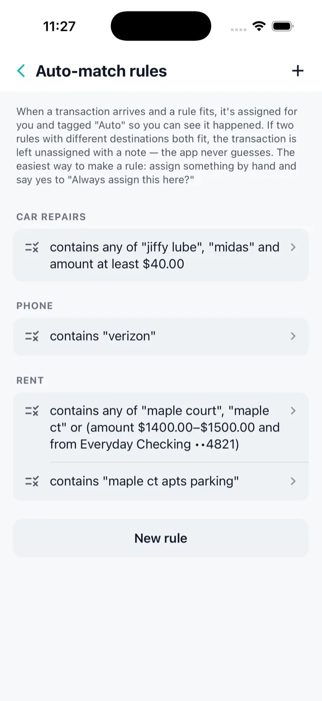 Auto-match rules written out in words, grouped by what they assign to